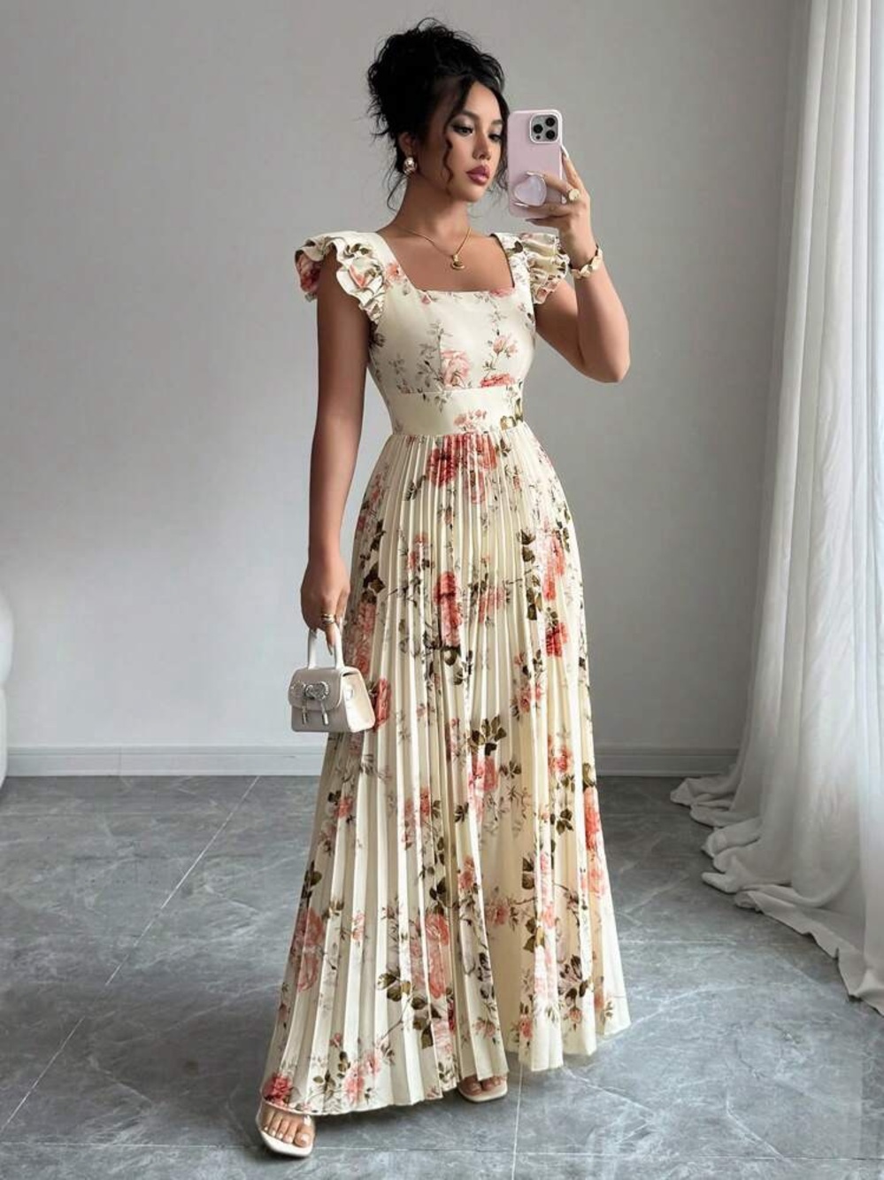 SHEIN Cream Floral Pleated Maxi Dress